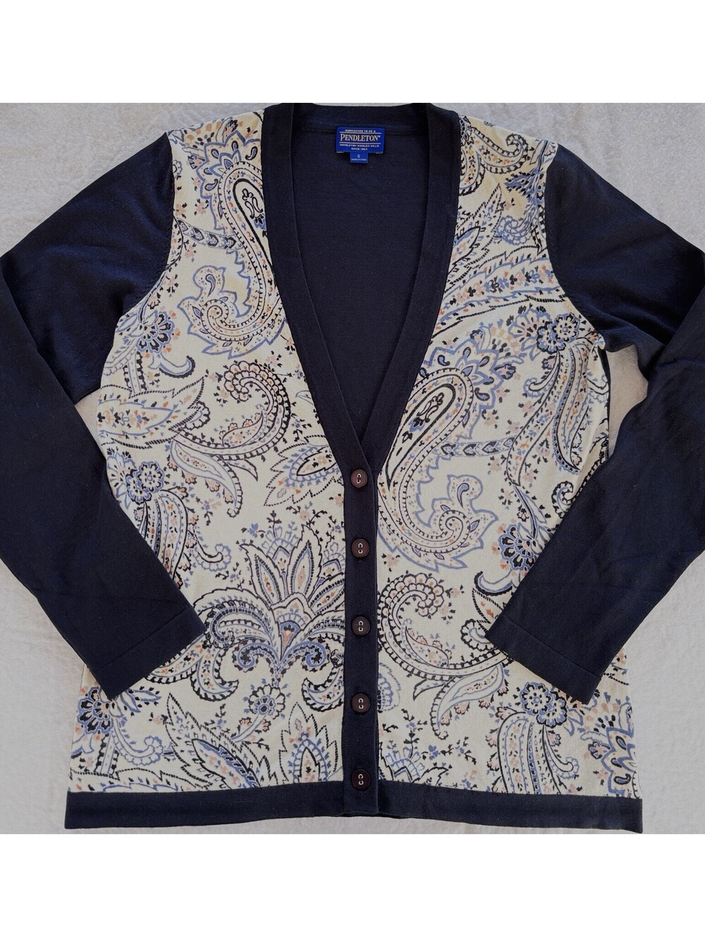 Pendleton Navy Button Front Paisley Cardigan Size Small Silk Blend